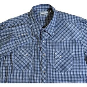 Wrangler Wrancher Blue & White Micro Plaid Pearl Snap Western Shirt Mens XXL